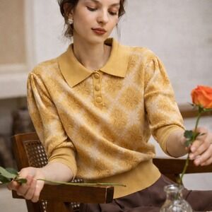 Simply Retro New Yellow Argyle Floral Wool Blend Collared Sweater Polo SZ Large